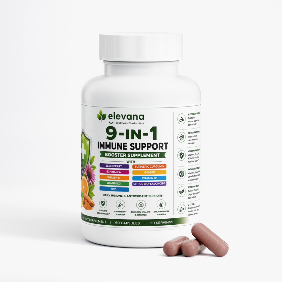 Elevana 9-in-1 Immune Support Supplement – Elderberry, Echinacea, Vitamin C, D3, Zinc, Vitamin E, B6 & Antioxidant Support – 60 Capsules