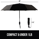 GORILLA GRIP Strong Windproof Stick Compact Umbrella for Rain, One-Click Automatic Open and Close, Durable Quick Dry Waterproof Material, Lightweight and Portable, Travel Size Fits Backpack, Black