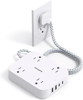 Flat Plug Extension Cord, HANYCONY 5ft Power Strip with 4 USB Ports(2 USB C), 4 Widely Outlets Extender, Wall Mount, Desk Charging Station for Office School Travel Dorm Room Essentials, ETL Listed