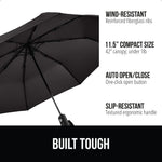 GORILLA GRIP Strong Windproof Stick Compact Umbrella for Rain, One-Click Automatic Open and Close, Durable Quick Dry Waterproof Material, Lightweight and Portable, Travel Size Fits Backpack, Black