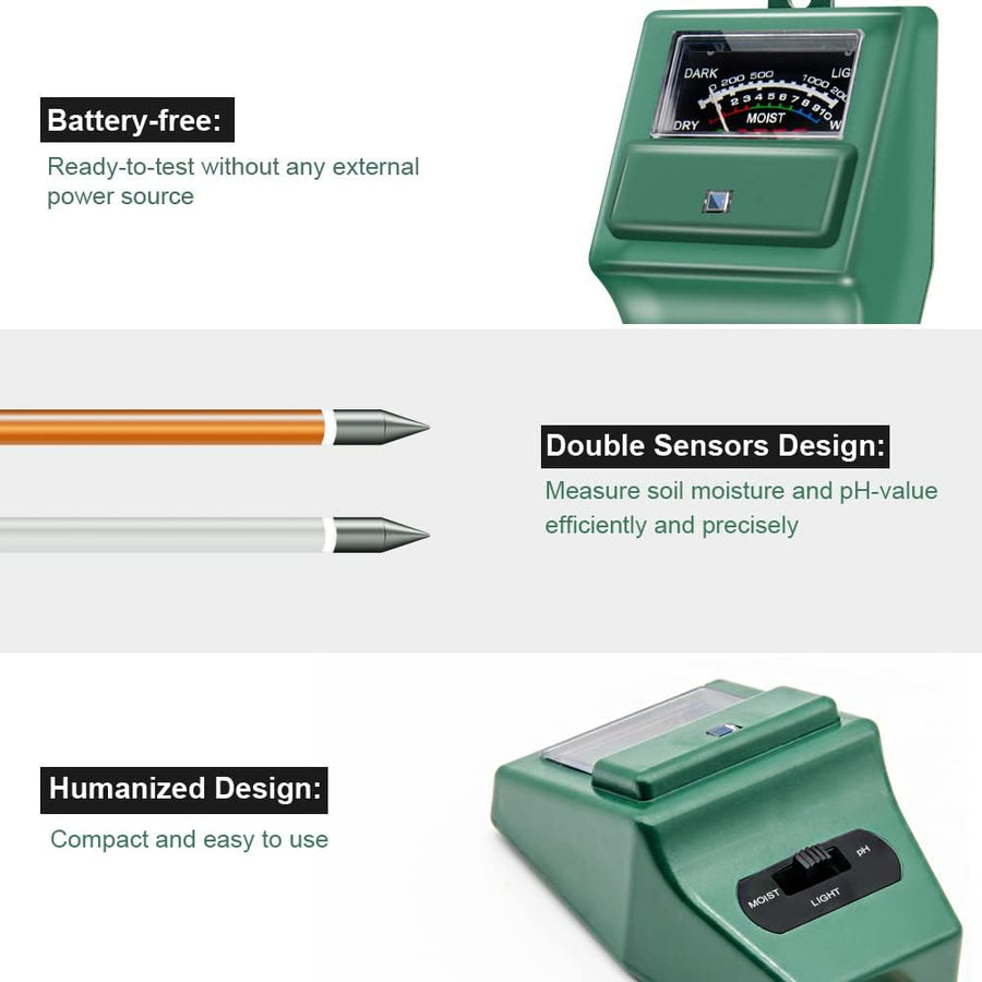 Soil pH Meter, MS02 3-in-1 Soil Moisture/Light/pH Tester Gardening Tool Kits for Plant Care, Great for Garden, Lawn, Farm, Indoor & Outdoor Use (Green)