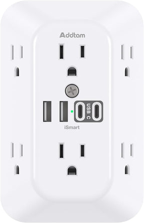 Addtam Surge Protector Outlet Extender, 6-Outlet Splitter with 4 USB Wall Charger(2 USB-C Ports), Multi Plug Wall Outlet 1800J Power Strip for Home Office Dorm Room Essentials
