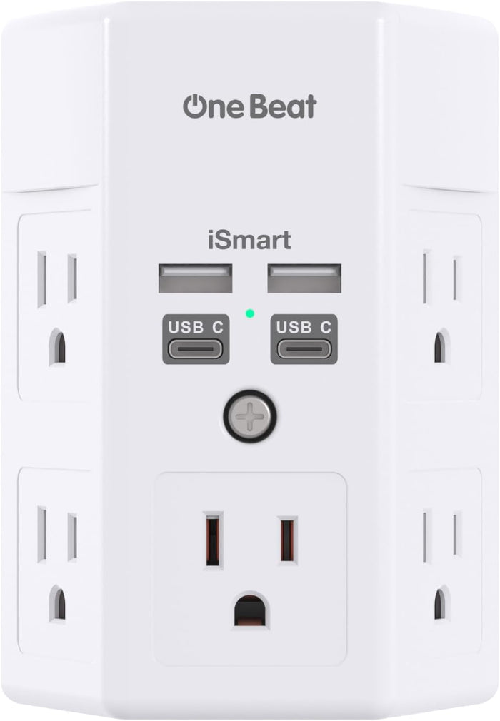 One Beat 1680J 3 Side Power Strip Multi Plug Expander, Surge Protector, 5 Outlets Extender, 4 USB Ports (USB C), Wall Mount Charger, Outlet Splitter Adapter for Home, Travel, Office, ETL Listed, White