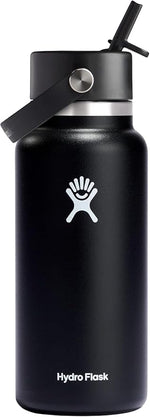 Hydro Flask Water Bottle - Insulated Stainless Steel - Wide Straw Lid, Non Spill, Leakproof in 32 Oz Black