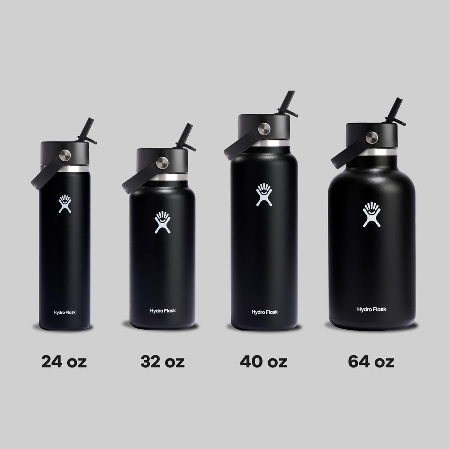 Hydro Flask Water Bottle - Insulated Stainless Steel - Wide Straw Lid, Non Spill, Leakproof in 32 Oz Black