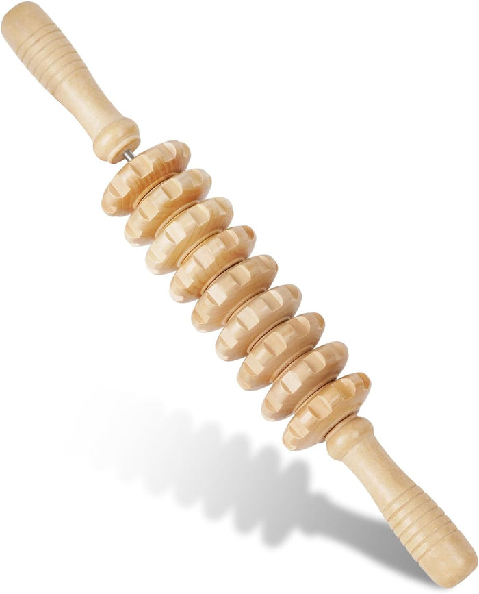 Liitrton Manual Wooden Fascia Massage Roller Trigger Points Straight-9-Wheel for Cellulite Sore Muscle