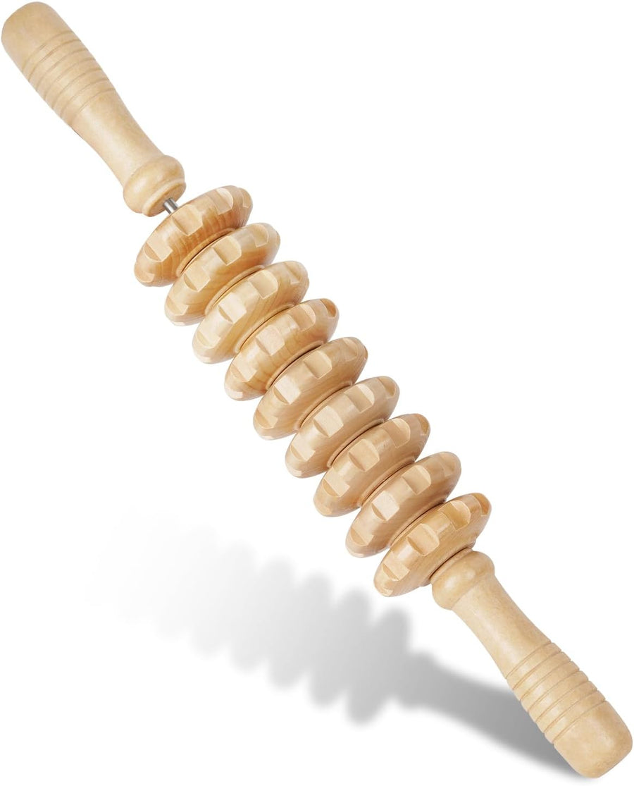 Liitrton Manual Wooden Fascia Massage Roller Trigger Points Straight-9-Wheel for Cellulite Sore Muscle