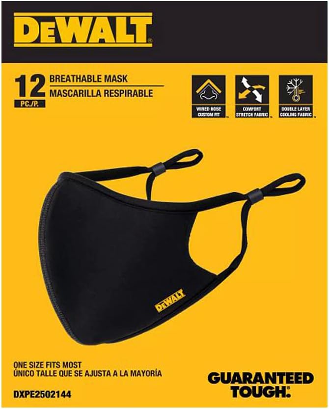 DEWALT Cooling Black Face Masks, Adjustable Fit & Neck Strap, Breathable Reusable Moisture Wicking, Nose Wire & Ear Adjusters