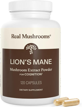 Real Mushrooms Lions Mane Mushroom Cognition (120 Capsules) Lions Mane Mushroom Powder Extract Capsules | Brain Supplement, Brain Vitamins, Focus Supplement