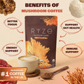 RYZE SUPERFOODS Mushroom Medium Roast Coffee USDA Organic with 6 Adaptogenic Mushrooms, USA Grown Instant Coffee for Better Energy, Focus Digestion Immunity with Lions Mane & Turkey Tail 30 Servings