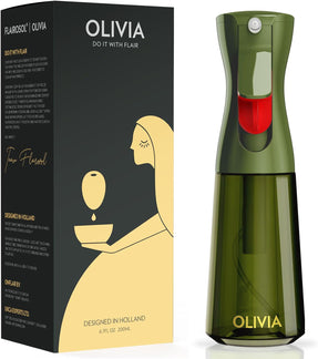 FLAIROSOL OLIVIA Oil Sprayer for Cooking, 200ml Glass Olive Oil Sprayer, Continuous Cooking Spray with Portion Control, Oil Dispenser for Kitchen, Air Fryer, Salad, BBQ (Green Bottle, Gold Print)