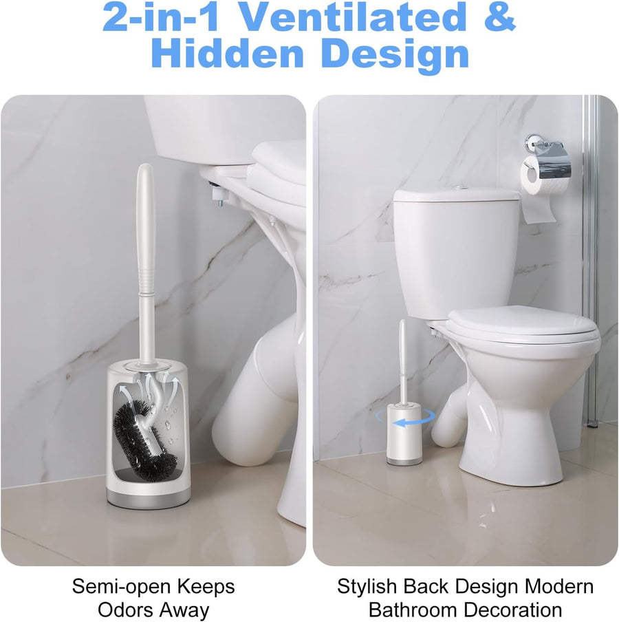 HAMITOR Toilet Bowl Brush Holder Set: Curved Design with Holder for Deep Cleaning Under Rim - Compact Hidden Scrubber for Small Space - Modern RV Bathroom Accessories - White