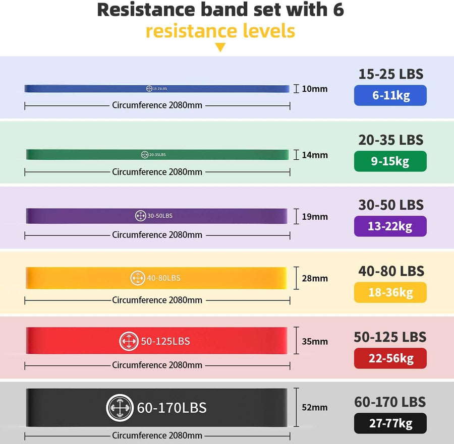 6-Piece Resistance Band Set for Home Workout - Includes Instruction Guide and Carry Bag