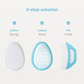 Frida Baby The 3-Step Cradle Cap System, DermaFrida The FlakeFixer, Sponge, Brush, Comb and Storage Stand for Babies with Cradle Cap, White-Blue