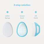 Frida Baby The 3-Step Cradle Cap System, DermaFrida The FlakeFixer, Sponge, Brush, Comb and Storage Stand for Babies with Cradle Cap, White-Blue