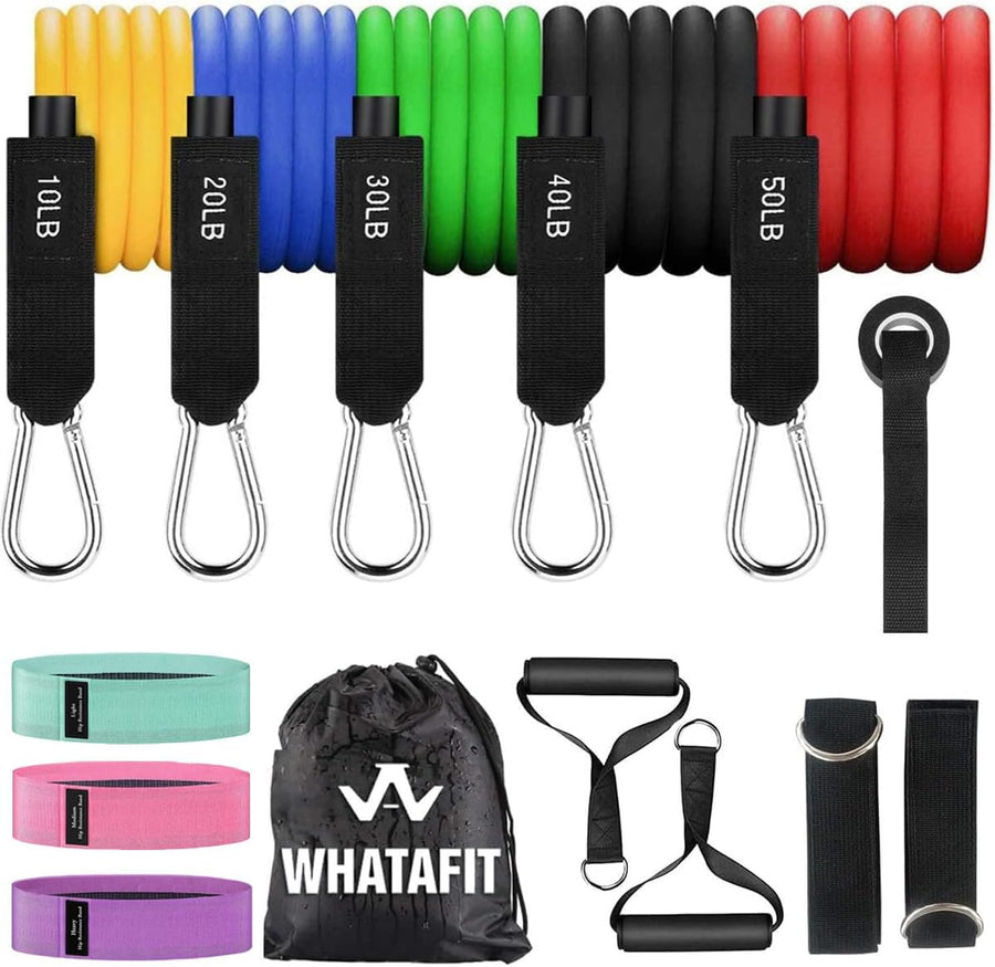 WHATAFIT Resistance Bands Set - 5 Levels, Handles, Straps, Anchor for Home Gym