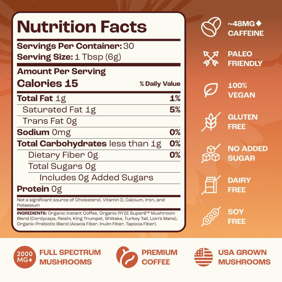 RYZE SUPERFOODS Mushroom Medium Roast Coffee USDA Organic with 6 Adaptogenic Mushrooms, USA Grown Instant Coffee for Better Energy, Focus Digestion Immunity with Lions Mane & Turkey Tail 30 Servings