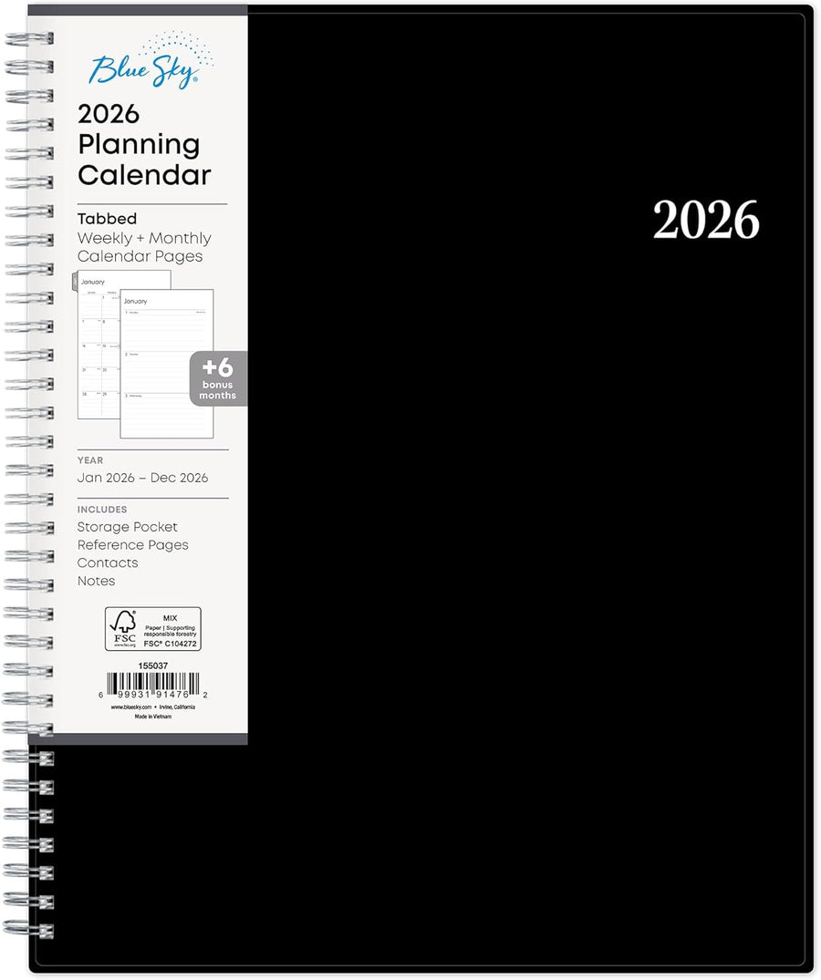 Blue Sky 2026 Weekly and Monthly Planner Calendar, Includes January 2026 - December 2026, 8.5" x 11", Flexible Cover, Wirebound, Laminated Tabs, Storage Pocket, Enterprise