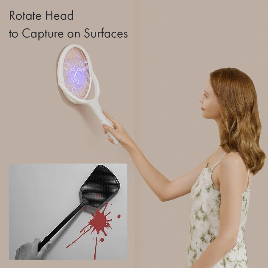 GeckoMan Rotating Head Electric Fly Swatter Racket Rechargeable Bug Zapper Racket Bug Zapper Indoor Fly Zapper Mosquito Zapper Flies Killer for Indoors, with a Telescopic Extension