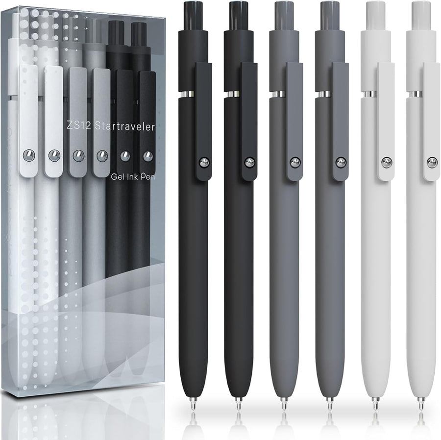 Gel Pens, 6 Pcs 0.5mm Fine Point Black Ink Pen With Smooth Writing, Office Desk Accessories, Writing Supplies Gifts for Men Women, Quick Dry Pens Ballpoint For Journaling, Black/Gray/White