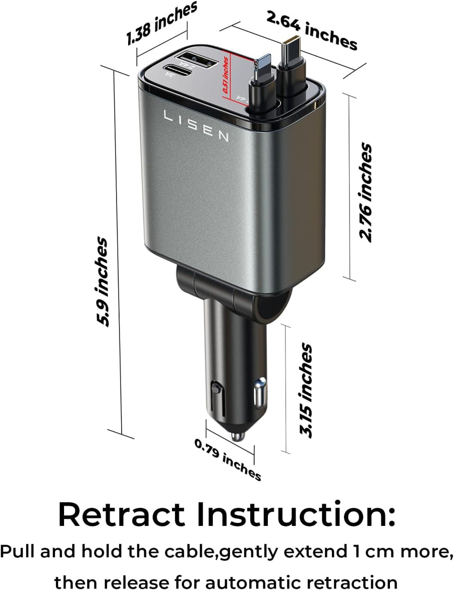 LISEN Retractable Car Charger, Birthday Gifts for Men Tech Gadgets 2026, 69W Cars Adapter USB C Fast Charger for iPhone 17, Car Accessories for Men Women Drivers, for iPhone 17 Pro Max Air 16 15 14 13