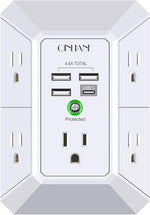 USB Wall Charger, Surge Protector, QINLIANF 5 Outlet Extender with 4 USB Charging Ports (4.8A Total) 3-Sided 1680J Power Strip Multi Plug Outlets Wall Adapter Spaced for Home Travel Office(2U2C),White
