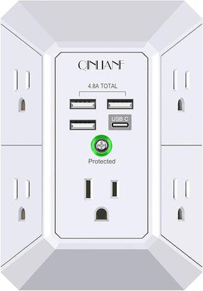 USB Wall Charger, Surge Protector, QINLIANF 5 Outlet Extender with 4 USB Charging Ports (4.8A Total) 3-Sided 1680J Power Strip Multi Plug Outlets Wall Adapter Spaced for Home Travel Office(2U2C),White