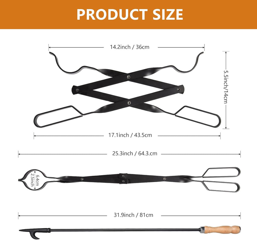 Heavy Duty 32” Long Fireplace Fire Pit Campfire Poker Stick and 26” Fireplace Tongs Tool Sets, Log Grabber, Rust Resistant Black Finish Camping Fireplace Tools for Indoor/Outdoor