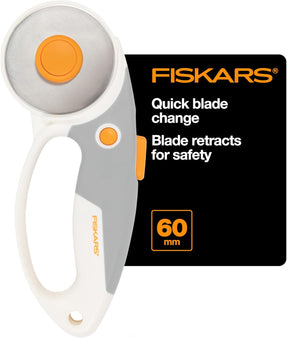 Fiskars 60mm Rotary Cutter for Fabric with Ergonomic Loop Grip And Comfort Handle, Titanium Rotary Fabric Cutter for Thick Materials, Easy and Safe Blade Change, Sewing Supplies and Quilting Tools