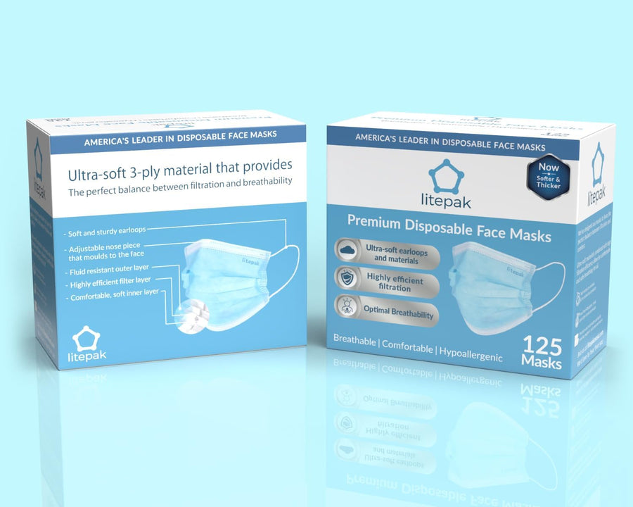 Litepak 125-Pack Premium Disposable Face Masks with Comfort Earloops Blue