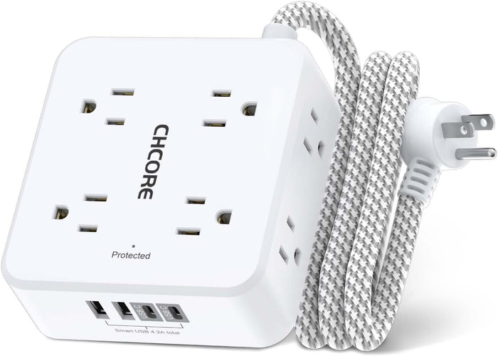 Surge Protector Power Strip - CHCORE 5Ft Braided Extension Cord with 8 Outlets with 4 USB (2 USB C) Charging Ports, Flat Plug Multi Plug Outlet Extender Charging Station for Home Office, ETL, White