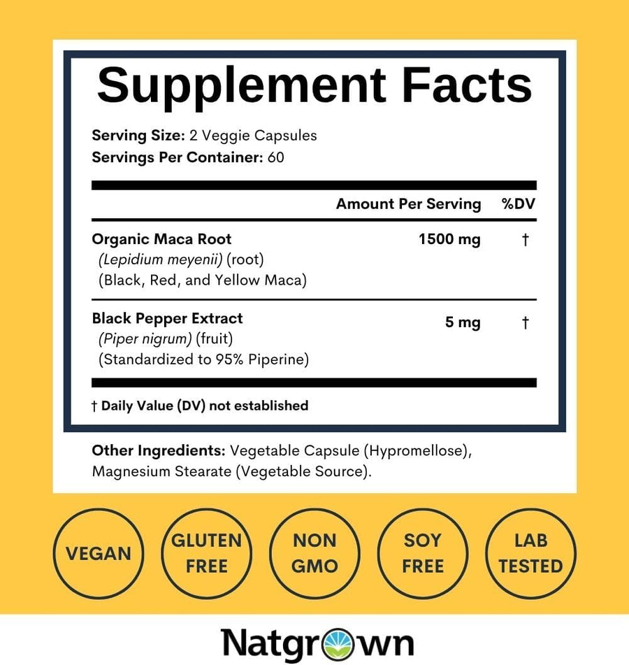 Natgrown Organic Maca Root Powder Capsules 1500mg Non-GMO Gluten-Free Vegan