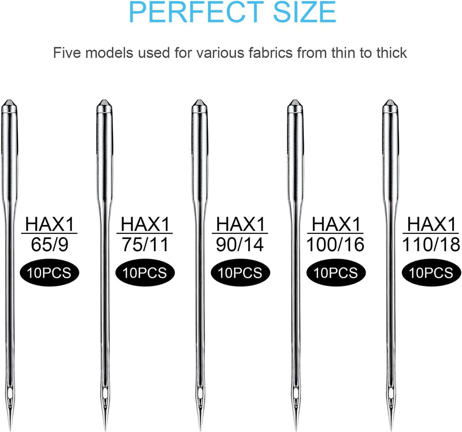 Sewing Machine Needles, 50 PCS Universal Sewing Machine Needle, Compatible with Singer, Brother, Janome, Varmax, Sizes HAX1 65/9, 75/11, 90/14, 100/16, 110/18 (50 PCS)
