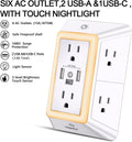 POWRUI Multi Plug 6 Outlet Surge Protector Extender with 3 USB Ports (1 USB C) and Night Light, 3-Sided Power Strip with Adapter Spaced Outlets, ETL Listed, White