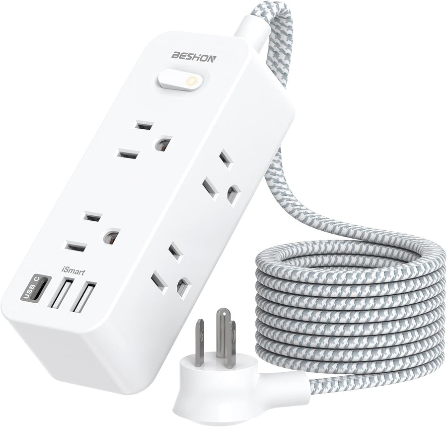 Power Strip Surge Protector, BESHON 5Ft Extension Cord, 6 Outlets with 4 USB Ports (2 USB C Outlet), 3-Side Outlet Extender, Wall Mount, Compact for Travel, Home, School, College Dorm Room and Office
