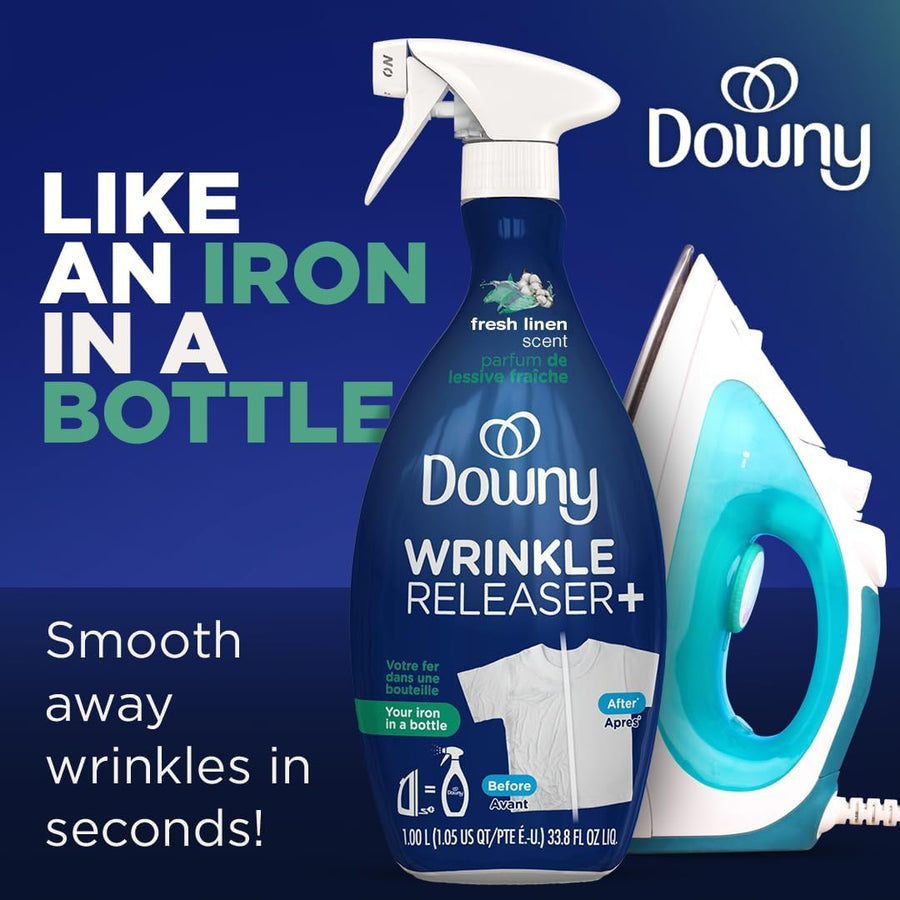 Downy Wrinkle Releaser Spray All In One Wrinkle Release Spray Travel Size, Odor Eliminator, Static Remover Fabric Refresher & Ironing Aid for Clothes 3 Fl Oz (Pack of 2), Crisp Linen Scent