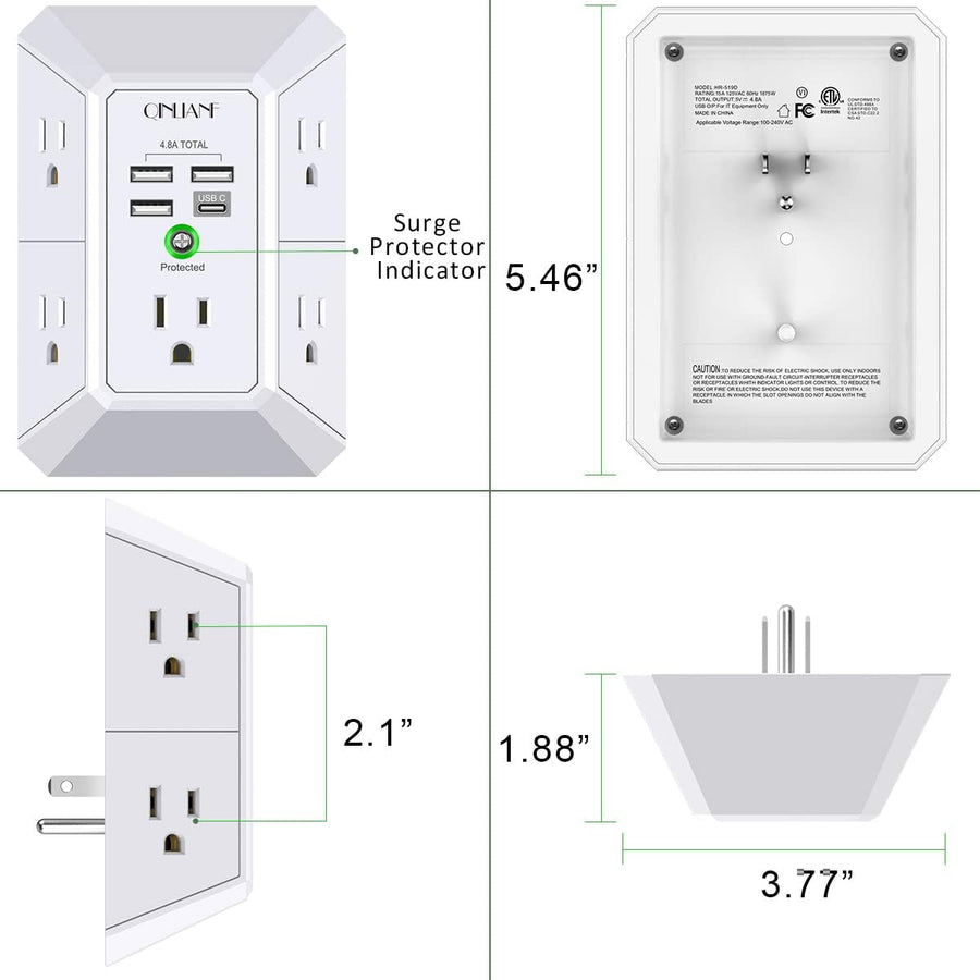 USB Wall Charger, Surge Protector, QINLIANF 5 Outlet Extender with 4 USB Charging Ports (4.8A Total) 3-Sided 1680J Power Strip Multi Plug Outlets Wall Adapter Spaced for Home Travel Office(2U2C),White