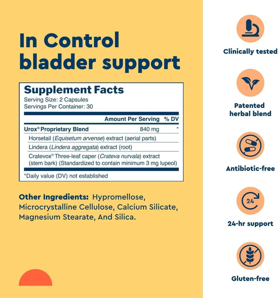 Uqora In Control Bladder Support - Daily Bladder Care & Support for Urinary Comfort - Made with botanicals, Like Horsetail & Spicebush - Gluten-Free & Vegetarian - 60 Capsules