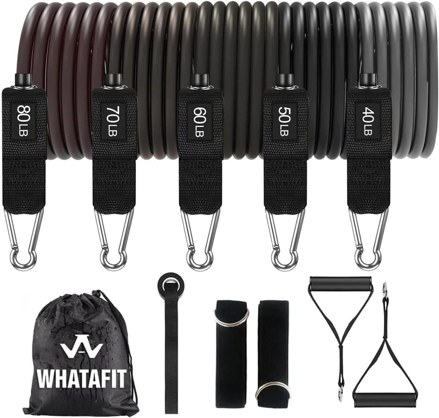 WHATAFIT Resistance Bands Set - 5 Levels, Handles, Straps, Anchor for Home Gym