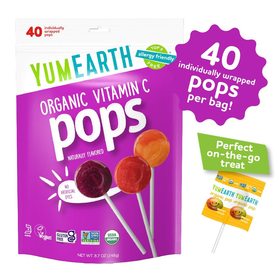 YumEarth Organic Vitamin C Pops Variety Pack, 40 Fruit Flavored Favorites Lollipops, Allergy Friendly, Gluten Free, Non-GMO, Vegan, No Artificial Dyes