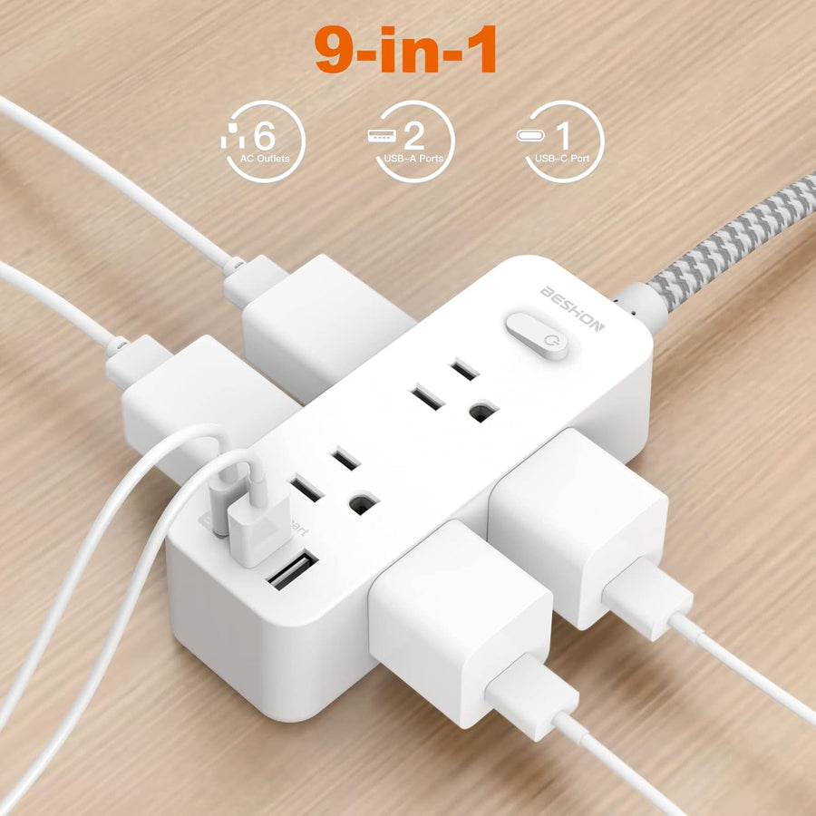 Power Strip Surge Protector, BESHON 5Ft Extension Cord, 6 Outlets with 4 USB Ports (2 USB C Outlet), 3-Side Outlet Extender, Wall Mount, Compact for Travel, Home, School, College Dorm Room and Office