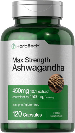 Horbäach Ashwagandha Supplement Max Strength 120 Capsules Non-GMO Gluten Free