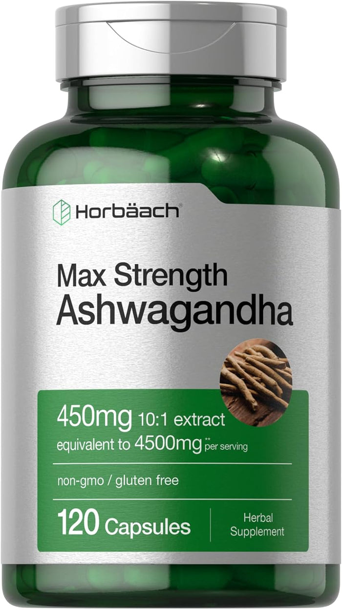 Horbäach Ashwagandha Supplement Max Strength 120 Capsules Non-GMO Gluten Free