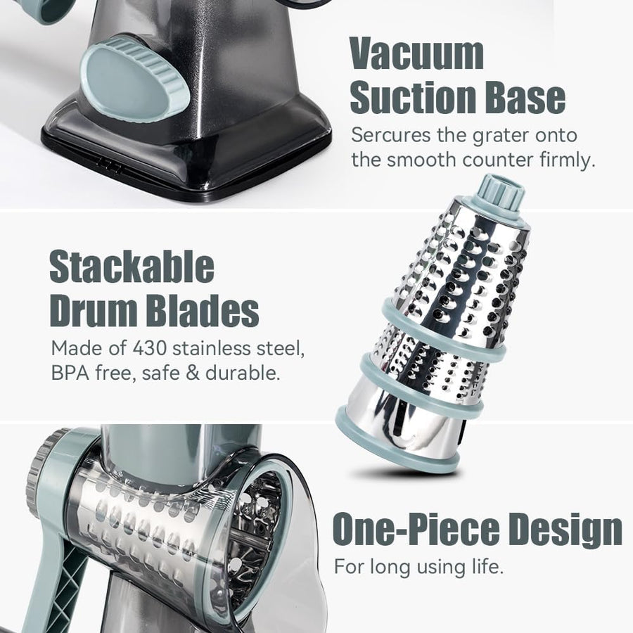 KEOUKE Rotary Cheese Grater Hand Crank Transparent - Shredder Slicer Grinder 3 Stainless Steel Blades, Stable Suction, Labor-Saving Handle, Safe Kitchen Tool for Cheese, Vegetable, Nuts, Chocolate