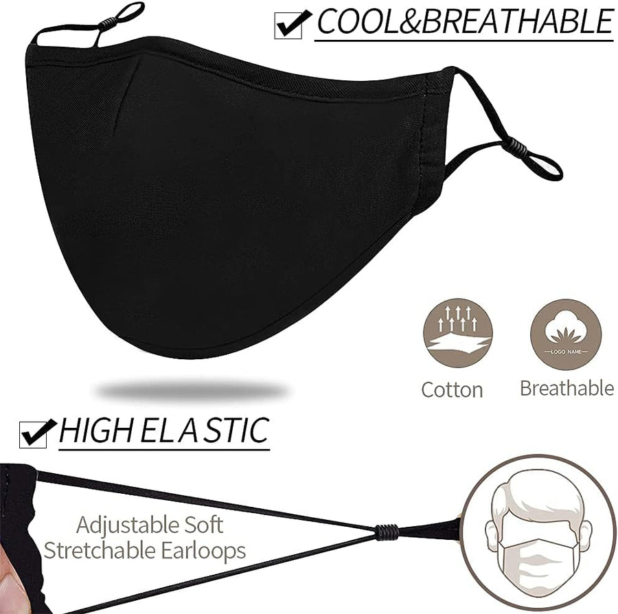 Black Reusable Breathable Cloth Face Mask, Adjustable Washable Face Protection Cover for Men and Women