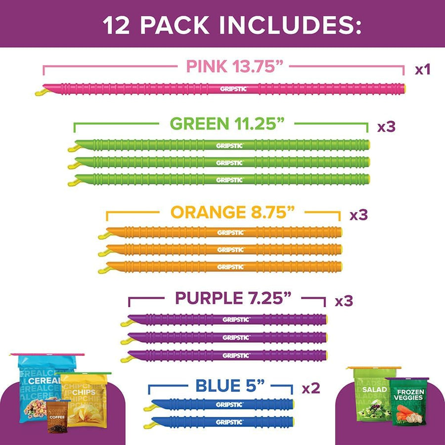 GripStic Bag Clips. 12pc Durable Food Clip Set For Kitchen Storage. Reusable Chip Bag Clips. Color Coded Bag Closure Sticks Provide Air Tight Seal. Chip Clips Reinvented.