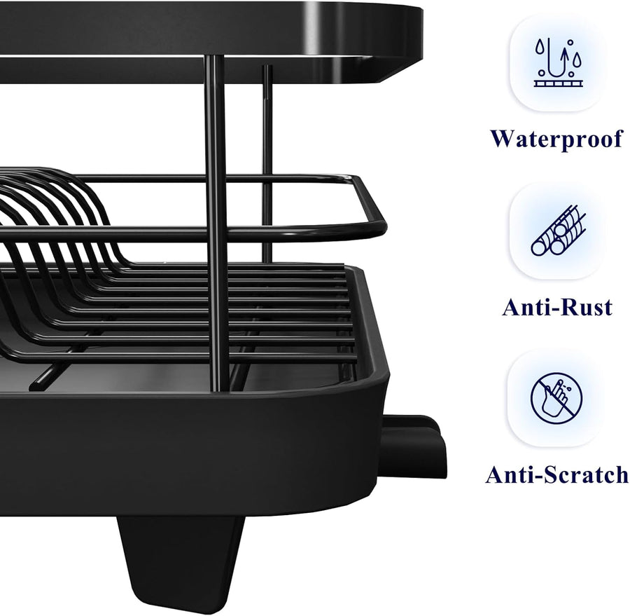 Kitsure Dish Drying Rack for Kitchen Counter, Stainless Steel Sink Organization and Storage Essentials with Cutlery Holder, Home and Appartment Decor, 12''W x 15.5''L, Black