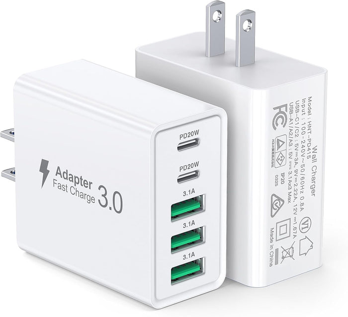 [2-Pack] USB C Wall Charger,60W 5-Port PD Fast USB C Charging Block,2USB C+3USB A Multiport Plug,Type C Power Adapter Brick Cube for iPhone 17/16/15/14/13/12/Pro Max/XS,iPad,for Switch,Samsung,Ultra 2