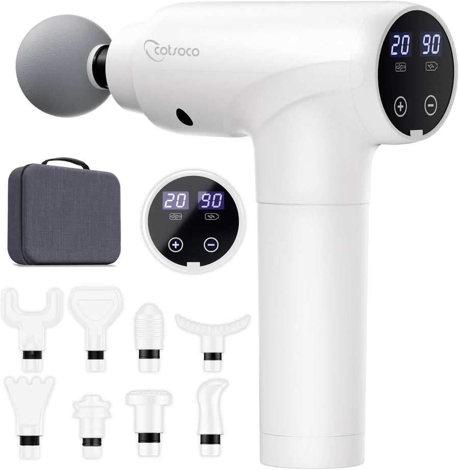 cotsoco deep tissue massage gun with 9 attachment heads and 20 speeds