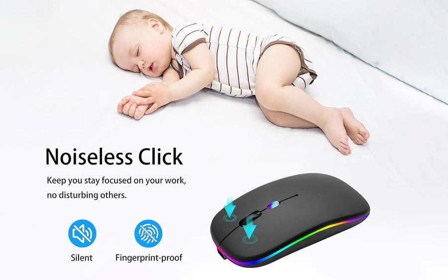 Wireless Bluetooth Mouse Rechargeable Laptop Mice with LED Use Portable(BT5.2 and USB 2.4G) Dual Mode Connection Silent Slim Computer Mouse for Laptop/iPad Tablet/Apple MacBook/PC (Black)